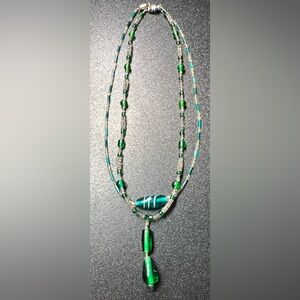 Green Glass Teal Glass Double Necklace Pair Silver Tone Necklaces